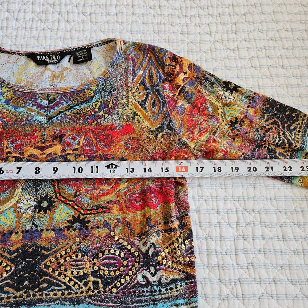 Y2k Graphic 3/4 Sleeve Top Vintage 90's Multicolor Take Two - Size Small - Picture 4 of 5